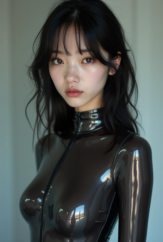 (Raw photo:1.2)、Highest quality、Beautiful detailed girl、Tight bodysuit、Latex bodysuit, Laughter、Highly detailed eyes and face、Beautiful and fine details、Large file size、High resolution、High resolution、8k wallpaper details、Highly detailed Ticker uniform 8K wallpaper、Light on the face、Cinema Lighting、18-year-old girl、Sexy pose、(Photorealism:1.4)、Awareness-raising、Surrealism、 From below、Super Detail、masterpiece