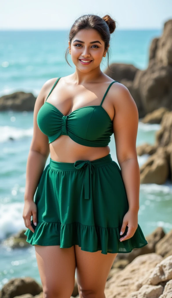 a hyper-realistic full body view photo of a young curvy plus size beautiful indian woman NIkita wearing SHEIN EZwear Low V-Cut Wide Waist Pleated Skirt standing Lauterbrunnen Valley, Switzerland - Sheer cliffs, lush green meadows, and cascading waterfalls, m-cup breasts, curvy plus size hourglass body, 22 years old, realistic, sexy,short brown hair, (hair tied with bows), curved, masterpiece