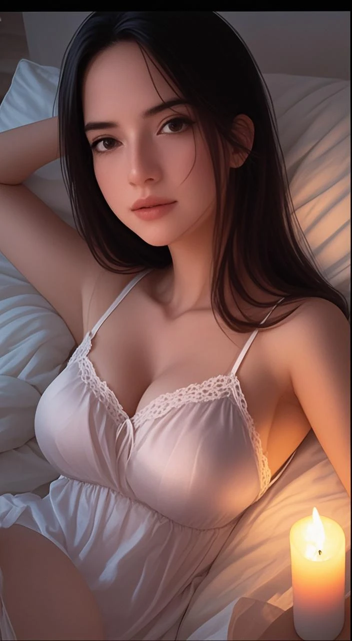 Masutepiece, highest quality, high resolution, Eleonora Pavinato, 30 years old, younger headshot, looking cute, cute pose, beautiful long straight black hair, in bed lying hot pose. detailed lingerie, full body