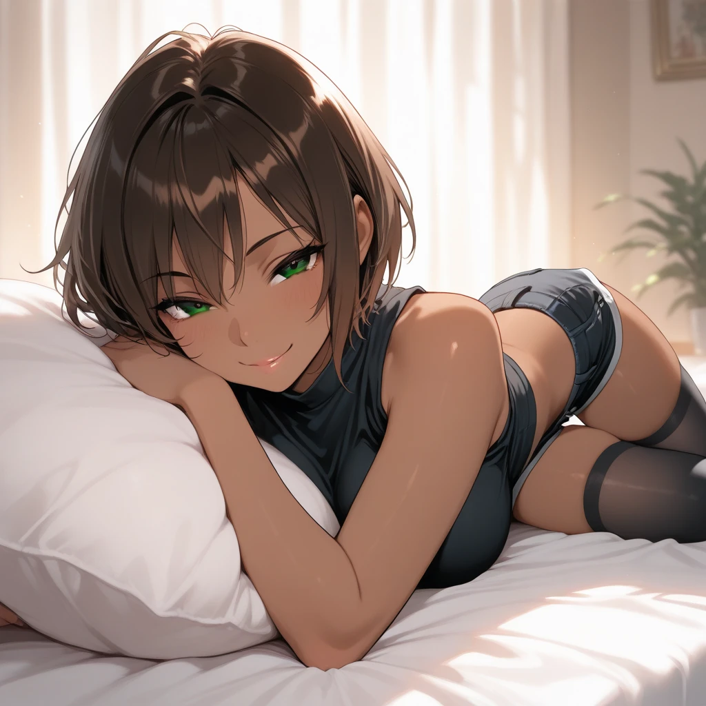 1 girl, marci, brown hair, short ponytail, ((black underwear)), yellow eyes, detailed eyes, laynig on back on the bed, little smile, black harness