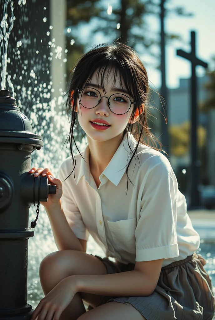 ((top quality、masterpiece、high sensitivity、high resolution、detailed depiction、depiction of a delicate face、Ｆvalue：6.0),((Slender Woman、wearing glasses)),advanced digital art with the eyes of a church cross、ruffle skirt、Silk shirt、is built in a、Sweaty body、Water is jumping out of the fire hydrant、and my whole body got wet through it、With a cheerful smile、