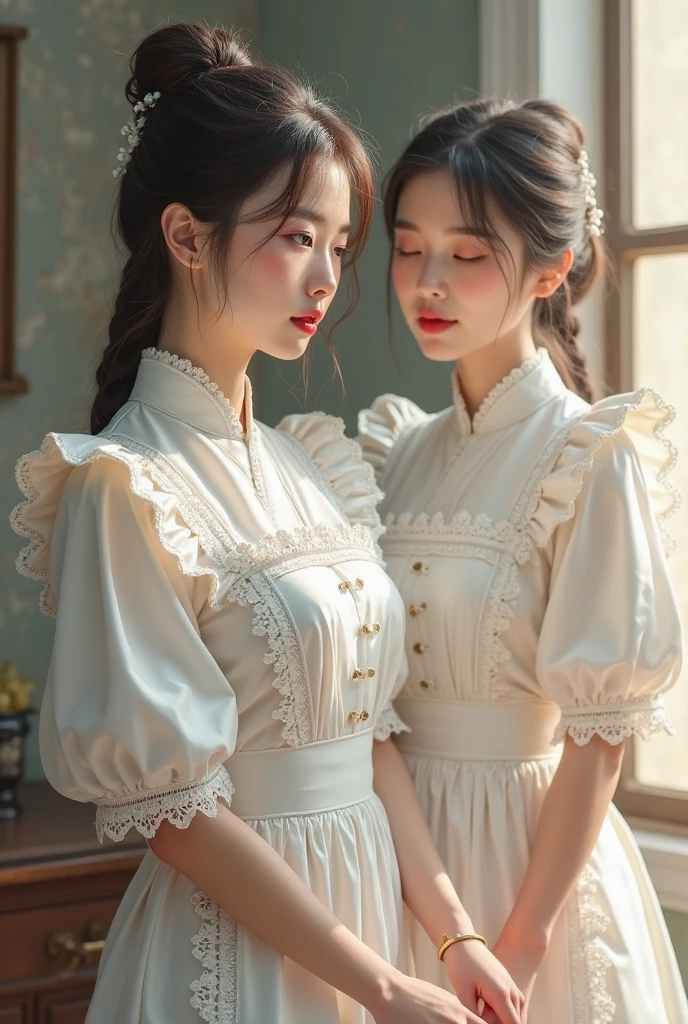 Historical fantasy period, two girls, maid and noble lady of the nobility, lesbian couple, in love, seeing each other in the eyes