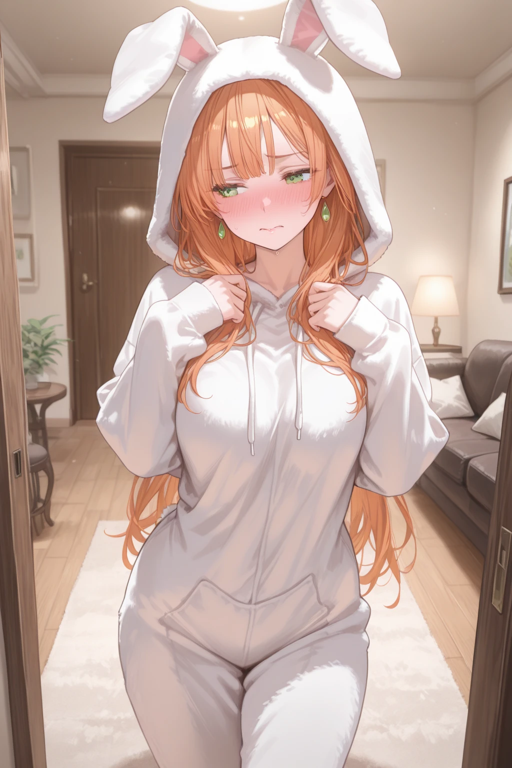 beautiful, (masterpiece), best quality, (extremely detailed face), extremely detailed eyes,  perfect lighting, OverallDetail, detailed, deep skin,textured skin,
,bear costume ,black bear costume, long sleeves, hood up,,mallow , long hair, green eyes, big smile,on bed ,sitting between pillows,
,