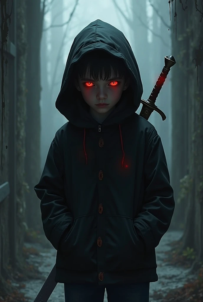 Short grey hair、Red Eyes、A fearless face、Black opaque clothing with leather hood、Wearing gloves、One caucasican boy Swordsman、8 year