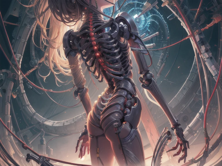 (((masterpiece))), (((best quality))), ((ultra-detailed)), (highly detailed CG illustration), ((an extremely delicate and beautiful)),cinematic light,((1mechanical girl)),solo,(cowboy shot:1.2),(machine made joints:1.2),((machanical limblood vessels connected to tubes),(mechanical vertebra attaching to back),((mechanical cervial attaching to neck)),expressionless,(wires and cables attaching to neck:1.2),(wires and cables on head:1.2),(character focus),science fiction,extreme detailed,colorful,highest detailed, loongs,fengs,background,
