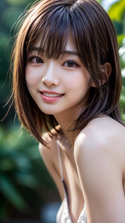 (8K, RAW Photos, Highest Quality, masutepiece: 1.7), (Realistic, Photorealistic: 1.9), NSFW, Black hair, (Blushing, shy), Sweaty face, campsite, Full body, whole body, (Small breasts), (Standing), Open mouth slightly, smile a little, arms up,