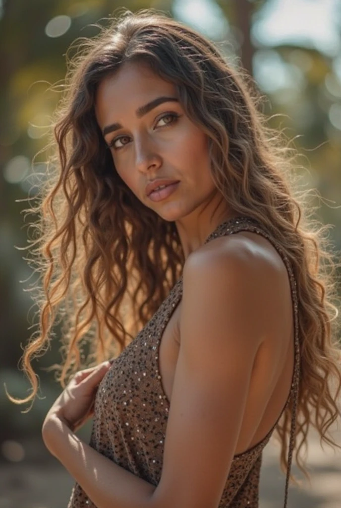 (sharp focus:1.2), photo, attractive young woman, (beautiful face:1.1), detailed eyes, luscious lips, (cat eye makeup:0.85), (large eyes:1.0), (toned body:1.2), (curly hair:1.2), (big booty:1.4), wearing (romper:1.2) on a (street:1.2). (moody lighting:1.2), depth of field, bokeh, 4K, HDR. by (James C. Christensen:1.2|Jeremy Lipking:1.1).