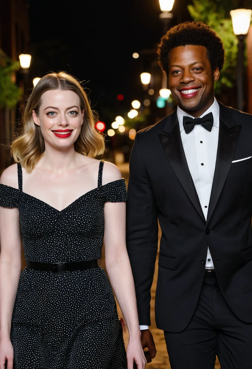 Caucasian actress Samantha Rone and a handsome African American male whose facial features are a combo of Rome Flynn + Broderick Hunter + Jovan Adepo enjoy an evening stroll. Both are smiling. Both are dressed attractively for a night on the town. Samantha wears a sparkly black dress. Samantha has lovely makeup on her face. Samantha wears red lipstick. Nighttime. Romantic ambiance. Symmetrical eyes. Symmetrical faces. Lovely details. Photorealistic. Full-colored photo. Professional photo. Highly detailed 8K.