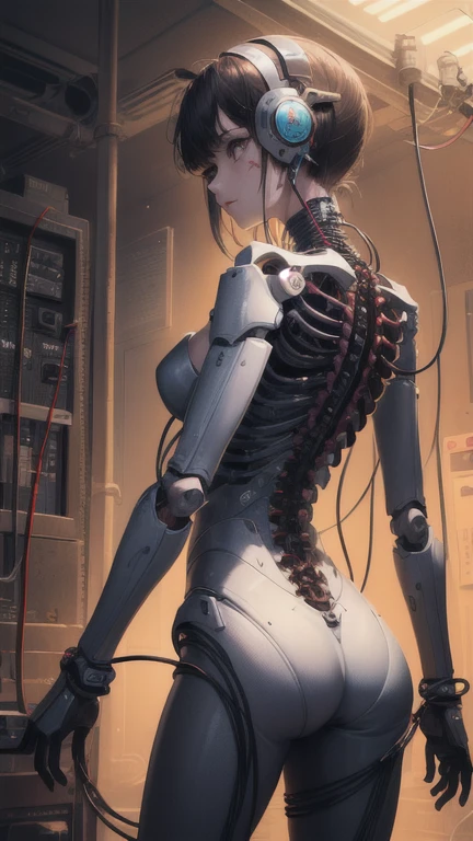 (((masterpiece))), ((((best quality)))), (((ultra-detailed))), (highly detailed CG illustration), ((an extremely delicate and beautiful)),(cute delicate face),cinematic light,((1mechanical girl)),solo,full body,(machine made joints:1.4),((machanical limbs)),(blood vessels connected to tubes),((mechanical vertebra attaching to back)),((mechanical cervial attaching to neck)),((sitting)),expressionless,(wires and cables attaching to head and body:1.5),(character focus),science fiction