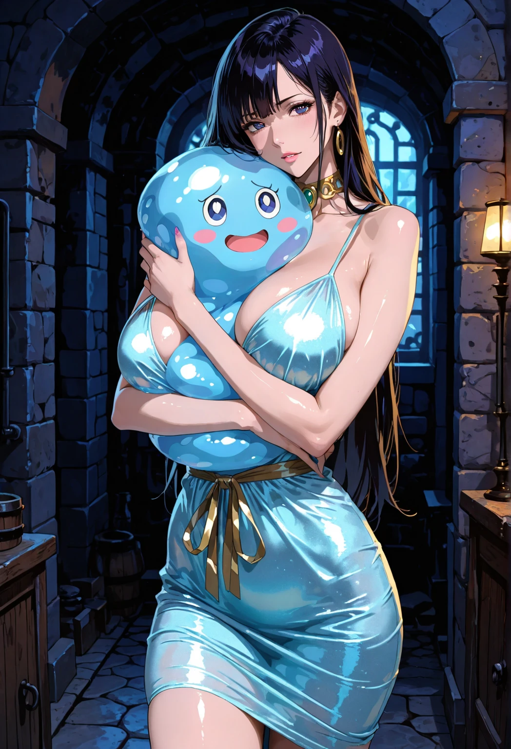 Highest quality,masterpiece,Very detailed, 8K,Beautiful Japan woman at 32 years old:1.5, Small face, Black Hair, (Detailed glamorous light blue magical girl heroine slime-like costume:1.5), Ecstatic expression、 Breast Augmentation Surgery, Very detailedな臭い脇の下、 Feels too good