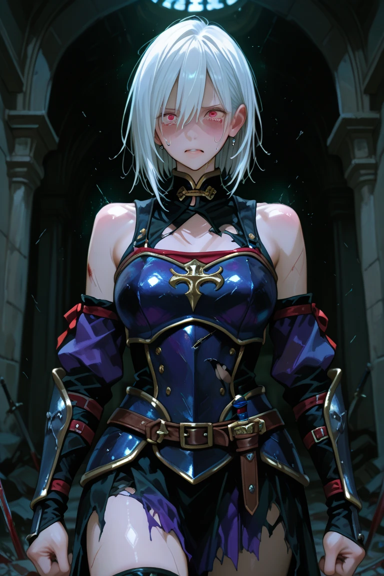 (((best quality)), ((masterpiece)), (details), masterpiece, best quality, high quality, ulutra detailed, perfect face, ((1girl, blue eyes, cat ears: 1.3 silver bob hair: 2.5,)) 、Shiny Hair、Glowing Skin、blush、Lustful look、Small breasts、Lord Enma、hell