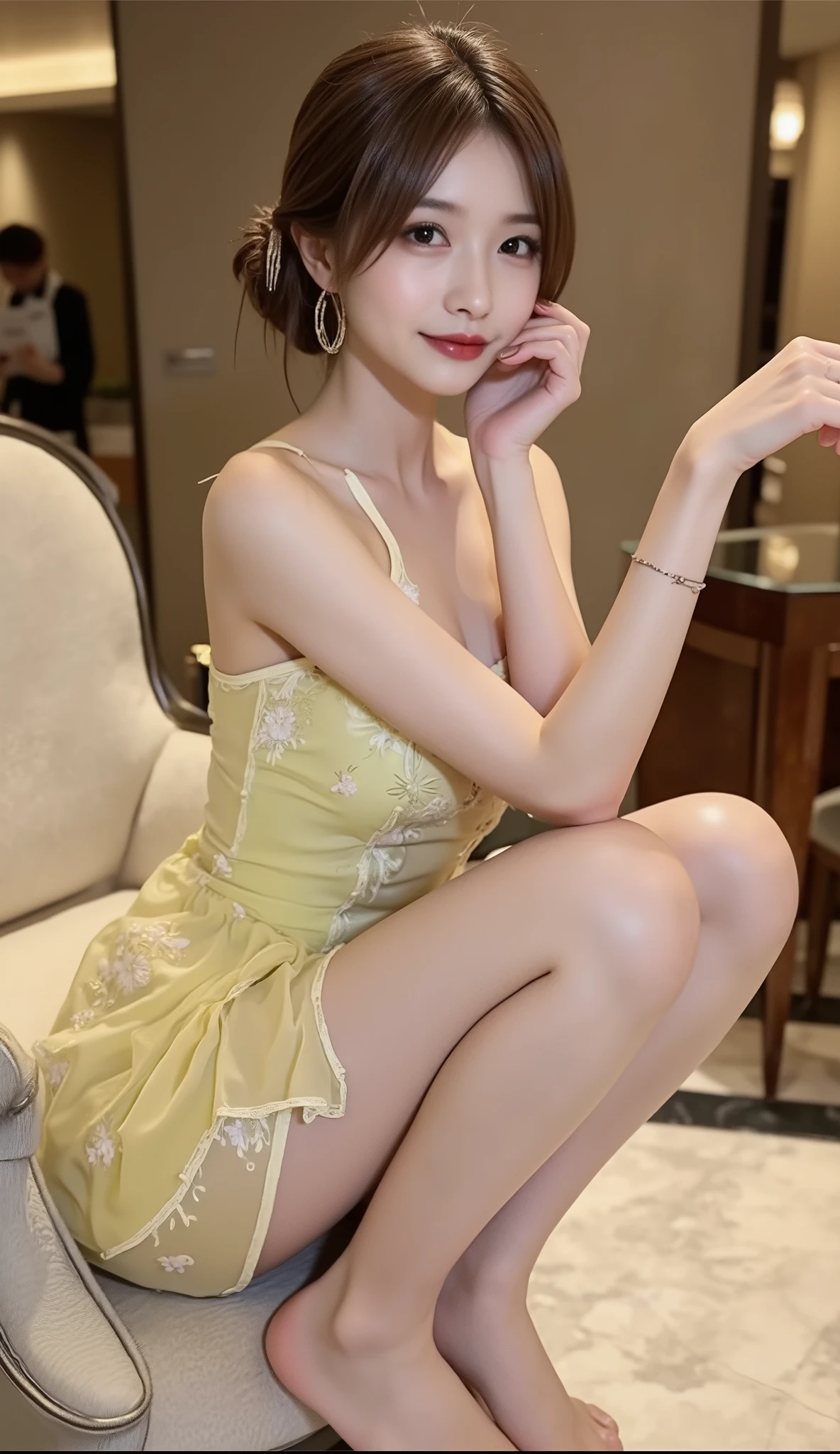 best qualtiy， tmasterpiece， 超高分辨率， （realisticlying：1.4）， RAW photogr， 1 gir，Yellow evening dress，White suspender stockings，No shoes，Barefoot，Recline on the bar stool