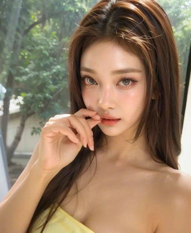 (selfie, top view: 1.4), (full of the body: 1.4), RAW UHD portrait photo of a woman, light pink hair, (blue-eyed woman) large breasts, (bikini), behind her is gym, glossy eyes with high detail (looking at the camera).