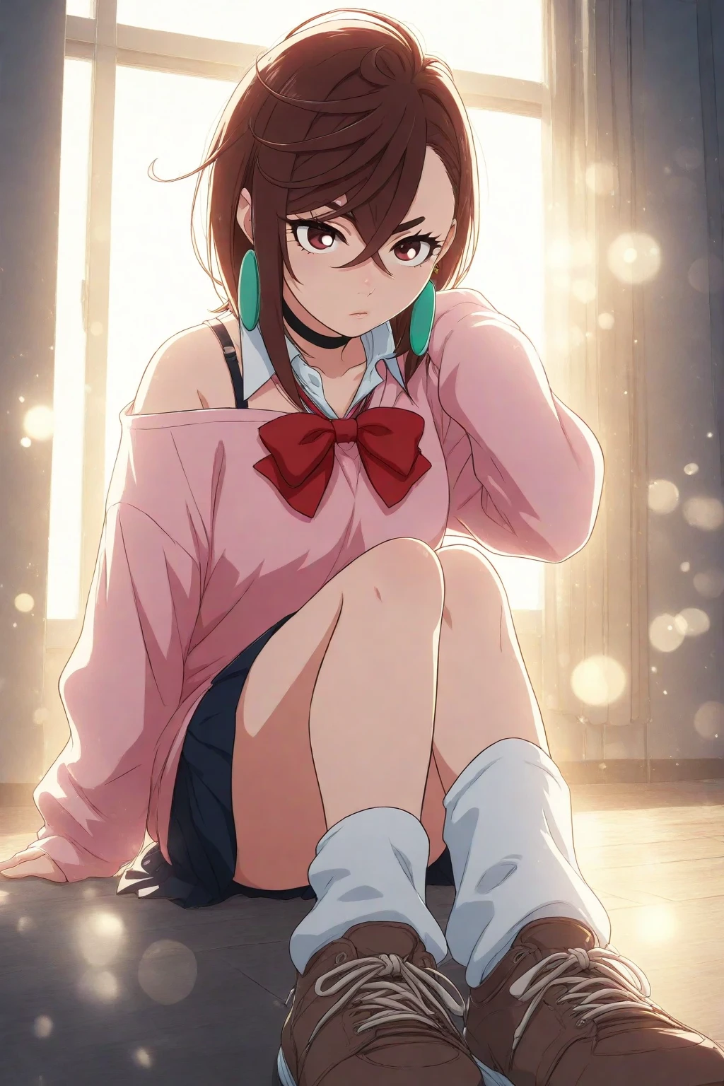 (mix1), anime art style, 2d, masterpiece, best quality, very aesthetic, absurdres, dynamic shadows, atmosferic, (1girl), (brown hair), antenna hair, long hair, brown eyes, eyeslashes, detailed eyes, glasses, ahoge, bangs, medium breasts, cleavage, collarbone, makeup, intense blush, red hoodie, white shirt, black minishorts, brown boots, open clothes, sexy smile, (on side), lying, (cowboy shot), from front, looking at viewer, simple background, ((white background))