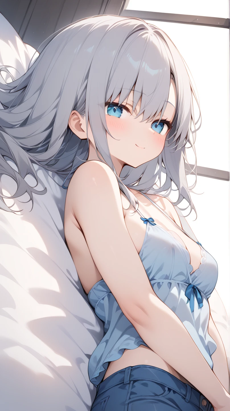 beautiful, masterpiece, Highest quality, anime, One girl, C Cup,Portrait Shot, View your viewers, Covered、Medium Hair、nearby、Blue Eyes、art、、White hair,Blue streaked hair、・Large breasts ・Lying on your back ・