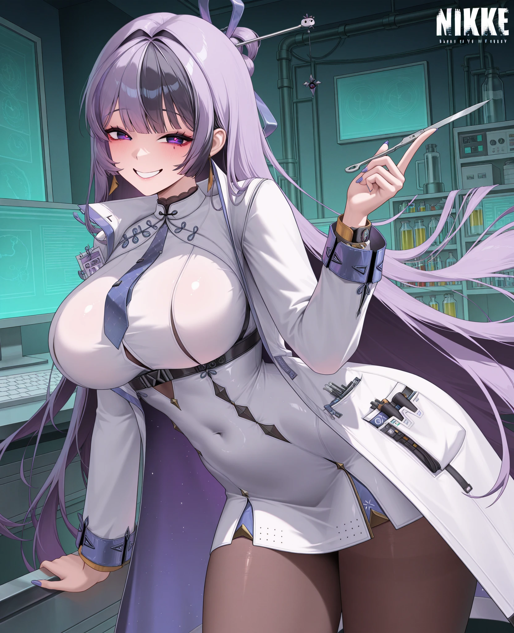 1women, solo, big tits, closed clothes, elf, blonde green hair, hair tied, violet eyes, cool face, round glasses, white coat, black short skirt, white business suit, nectie, at laboratorium, half body,