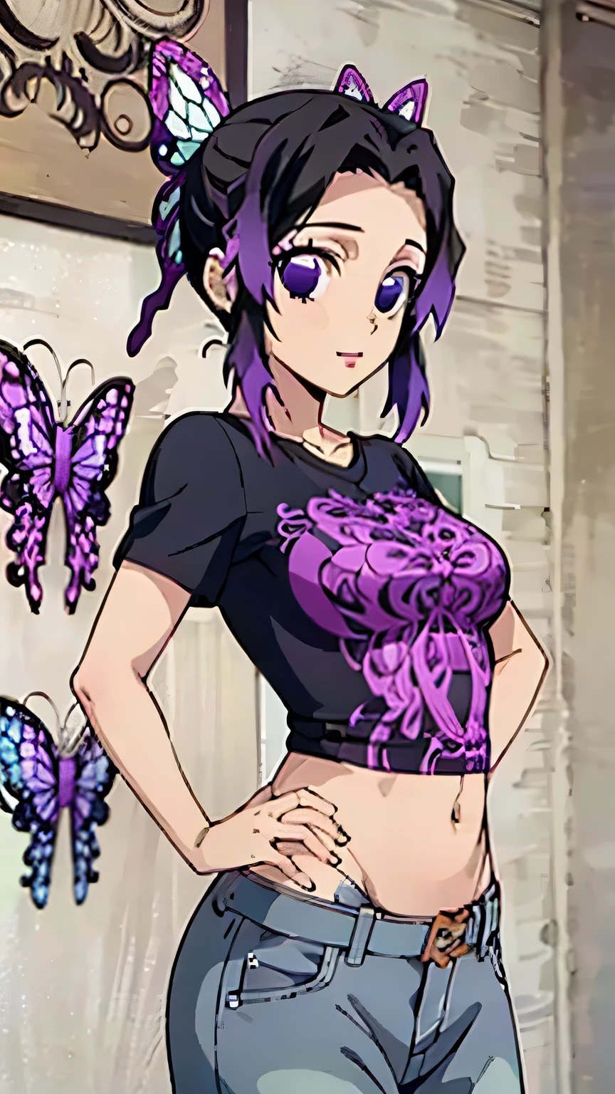 (masterpiece, best quality, high resolution, 8k:1.2), (anime coloring:1.2), 1girl, high resolution, unity 8k wallpaper, (beautiful detailed eyes:1.2), extremely detailed face, perfect lighting, extremely detailed CG, beautiful eyes, perfect eyes, detailed eyes, distinctive big highlights, symmetrical eyes, Purple Hair, Short Hair, (large butterfly hair clip), Pretty Parted bangs, purple eyes, narrow eyes, (slim:1.3), (small medium breasts:1.2), 
(cowboy shot:1.2), (sexy pose:1.2), (perfect hands, perfect anatomy), solo,  nffsw, (pattern shirt, purple t-shirt, denim pants, belt), (street corner, summer sky), (smile:0.8), looking at the viewer, in the center of the image, (cowboy shot:1.2), dutch angle,