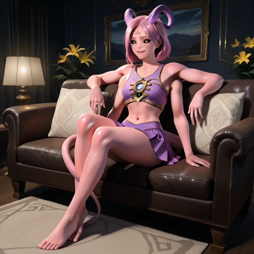 n the cosy bed there female lioness laying in seductive pose, she have ebony colour skin beautiful yellow cat eyes dark gold eyeshadows make up, ring style earrings, her hair is purple with pink highlights . she dressed in white neather topic with golden parts on countures also short and white leather straps on her cat legs instead of boots, her hands have hude ruby claws on her fingers, (ultra high quality fantasy art, anime fantasy style, masterpiece, ultra high quality character design, 8k quality anime art, realistic anime art, top quality wallpaper illustration, detailed ultra high quality accurate face, high quality design and accurate physic)