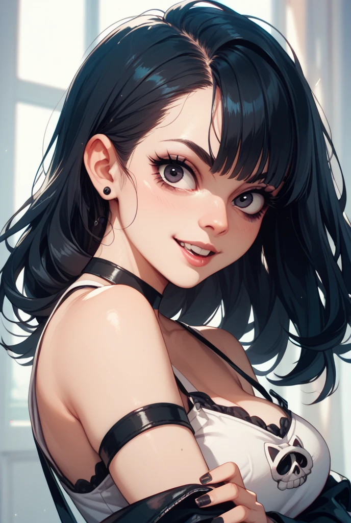 ollarbone,black t-shirt,off-shoulder look,bare shoulder,midriff peek,micro shorts,open mouth,tongue out,cum on tongue,Black sofa,sit,Selfie,looking ahead,from above,flont view,upper body,(1girl,Beautiful 14 year old girl),((Slender,Small breasts,Small face,)),looking at viewer,Black Hair,bangs,one side up,Beautiful and detailed,Mischievous smile,Dimly lit room,Simple Background,Black background,Low lighting
