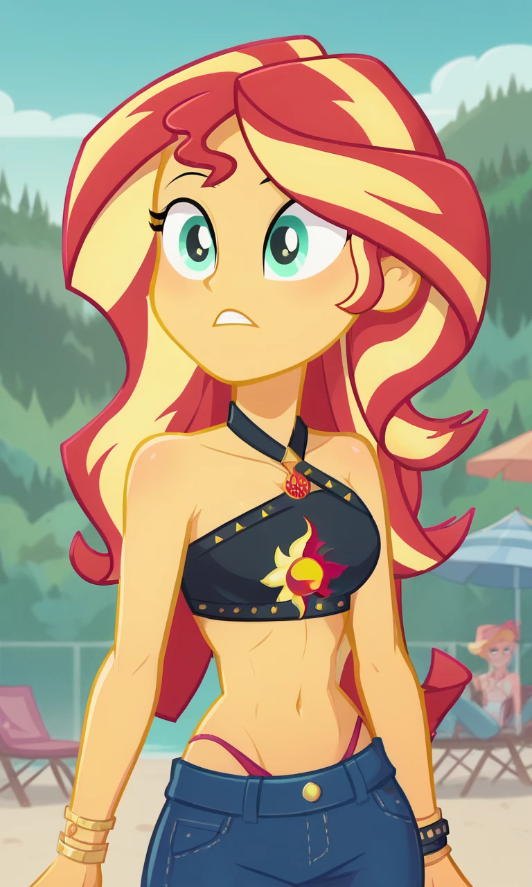 STICKER, (solid outline:1.3), (NSFW:1.2), A detailed illustration of a vivid Sunset Shimmer kneeling down topless, full-Length, Sunsethuman, Sunset Shimmer breasts exposed, Sunset Shimmer from my little pony, Sunset Shimmer in the form of a girl, big breasts, lush breasts, voluminous breasts, firm breast, detailed hands, two tones of hair, red and yellow hair, solo, one character, medium body, turquoise eyes, gentle smile, simple sunset, very beautiful fantasy art, beautiful and elegant female pony girl, red and yellow colour palate, red and yellow colour-theme, vintage t-shirt design, in the style of hand drawing, 3D vector art, fantasy art, watercolour effect, Adobe Illustrator, hand-drawn, digital painting, low-poly, soft lighting, isometric style, retro aesthetic, focused on the character, 4K resolution