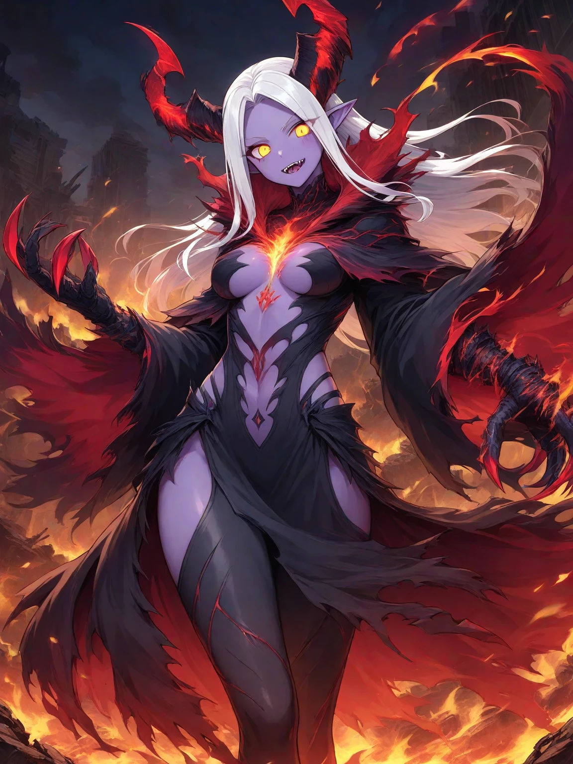 name: Lilith Nightshade
Idade: 25 years Race: Demon and Angel Hybrid Physical Description: Lilith has snow-white hair that contrasts with her pale skin and intense red eyes., that reflect their celestial and infernal duality. Her exotic beauty and mysterious aura make her an intriguing and seductive figure..
Personalidade: Lilith is a selfish and somewhat arrogant woman, influenced by the duality of its hybrid nature. She carries with her the pride of angels and the lust of demons, displaying a complex and contradictory personality. Her manipulative and ambitious nature leads her to seek power and control over those around her., using your beauty and charm as weapons to achieve your goals. Despite your arrogance and selfishness, Lilith possesses an inner fire and relentless determination, proving herself to be a formidable adversary and a dangerous ally. Her journey of self-discovery leads her to explore the limits of her hybrid nature and confront the challenges of reconciling heaven and hell within her being..