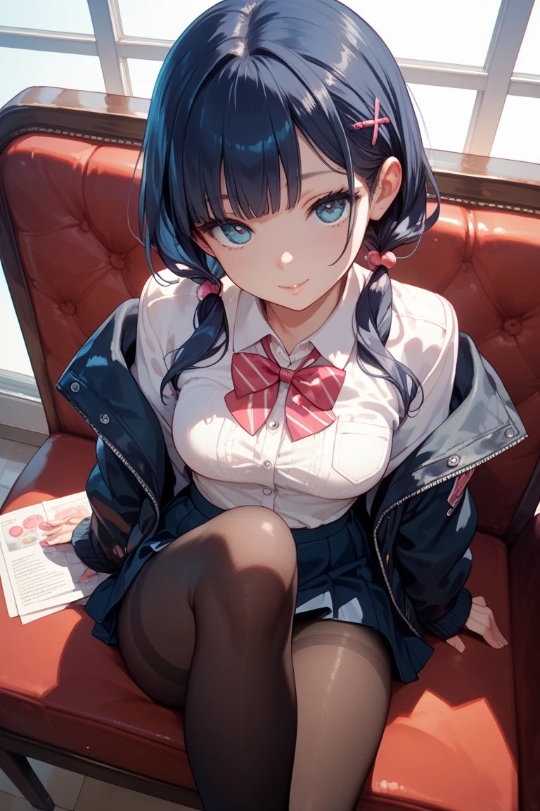 (masterpiece), best quality, expressive eyes, perfect face, navy blue hair, medium hair, pigtails hairstyle, black eyes, perfect eyes, soft skin, cute face, smile facial features, beautiful girl, high quality, high resolution, , long medium shot, view from below, modern fashion outfit , lots of detail,