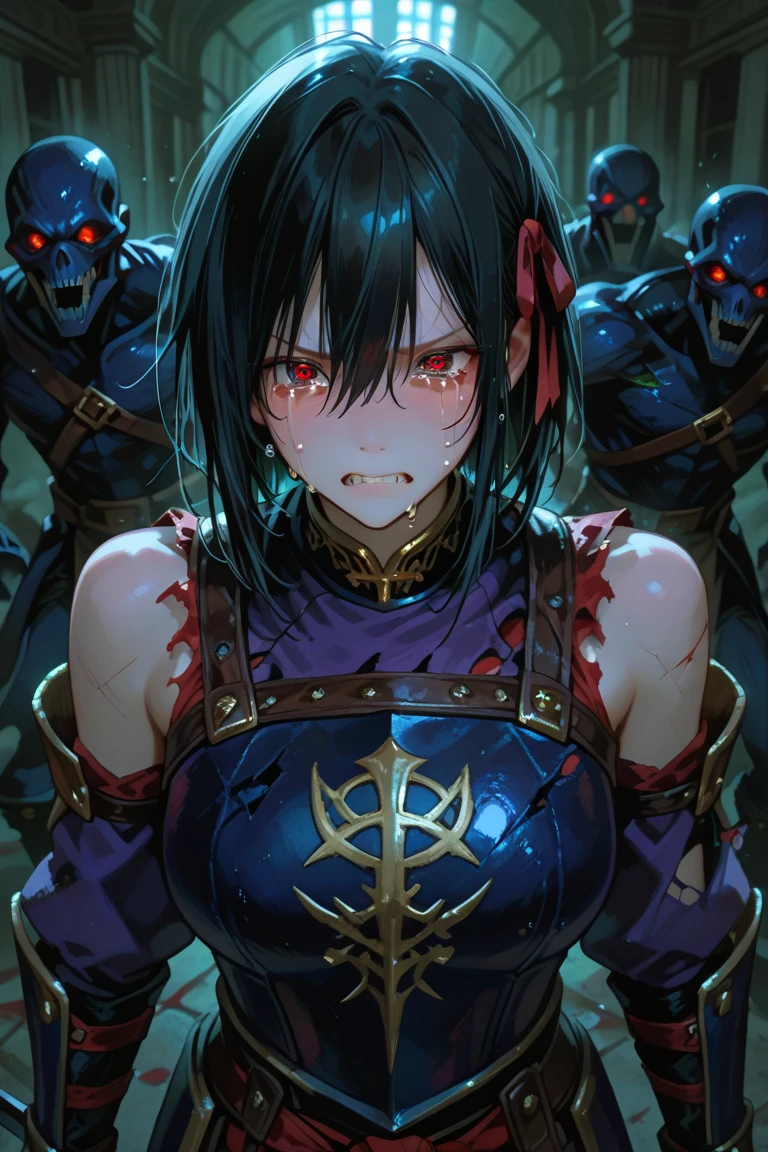 nsfw, best quality, official art, masterpiece, textile shading, HDR, gangbang, A female paladin, (in the forest), Wearing armor, metal armor, night, detailed aspects, Ultra-mini skirt 25cm above the knee, Surrounded by Goblins, Mr..々weapons, dirty,puffy nipple:1.5, large breasts, bikini tan:1.5, arms behind back:1.5, very long hair, brown hair, ponytail, restrained, pussy juice, hentai, rape face, intercourse with a goblin:1.35, vaginal penis:1.4, intercourse with a goblin:1.5, {{{girl on top:1.5}}}, barrette,
