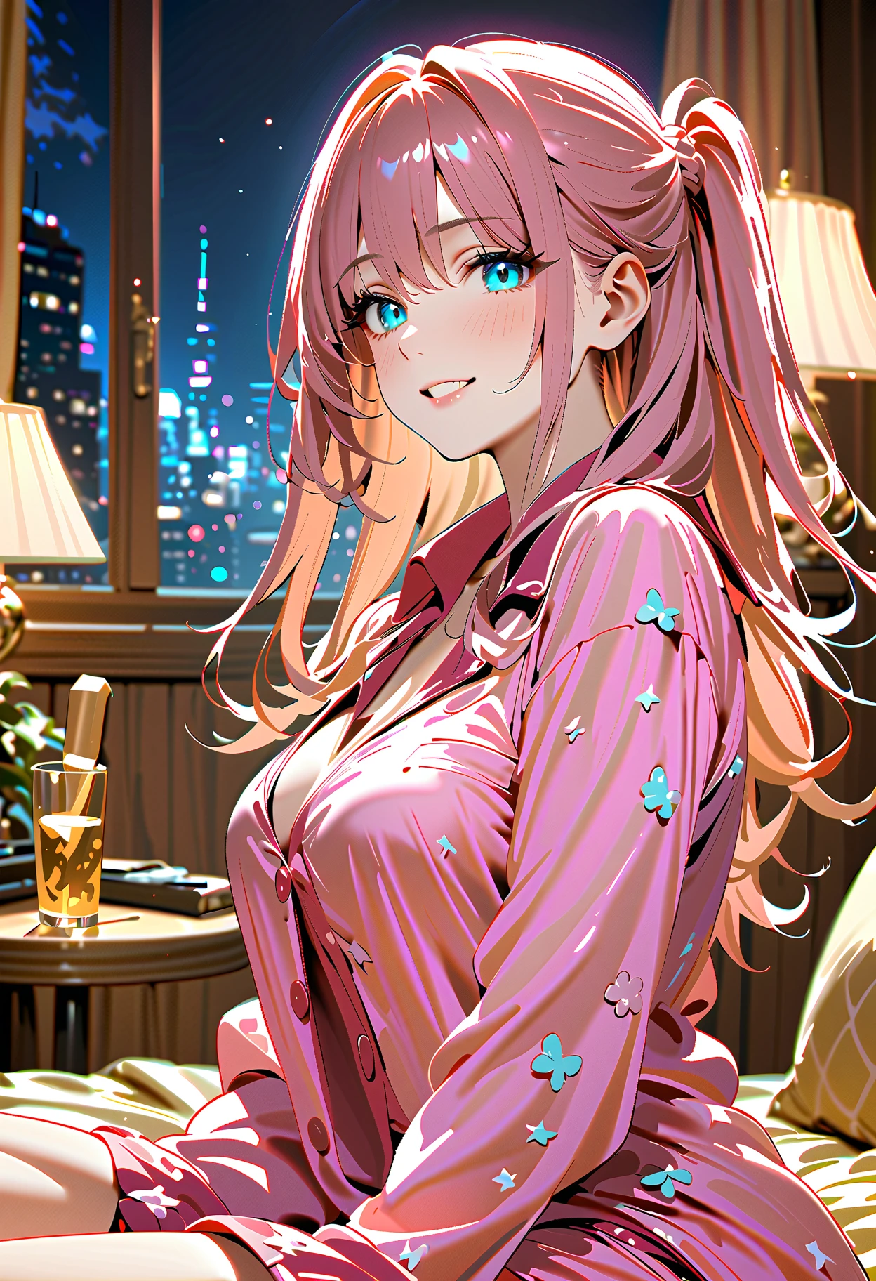 Dynamic Angle, 8k, Thick Paint 5, Movie Scene, Perfect Anatomy, Detailed Face, Ultra Detailed Eyes, Upper Body, 2 Girls, Smile, Wolf Ears, Wolf Tail, Pink Eyes, Hair Between Eyes, Striped Hair, Striped Hair, (((Colorful Hair Color: 1)))), (Random Hair Color: 1))), Colorful Hairstyle: 2, ((Perfect Fingers, Perfect 5 Fingers)))), D Cup, Cleavage, Upper body, 1 girl, smile, wolf ears, wolf tail, pink eyes, hair between eyes, striped hair, variegated hair color: 5, jewels at the ends of the hair, twin tails, (in thin pajamas with fluttering chest: 15), cute embroidered pajamas, AI super luxurious bedroom and cute interior: 5, (on bed: 15) on all fours, looking at the viewer embarrassedly and laughing, Turning around from behind, blush, moon, stars