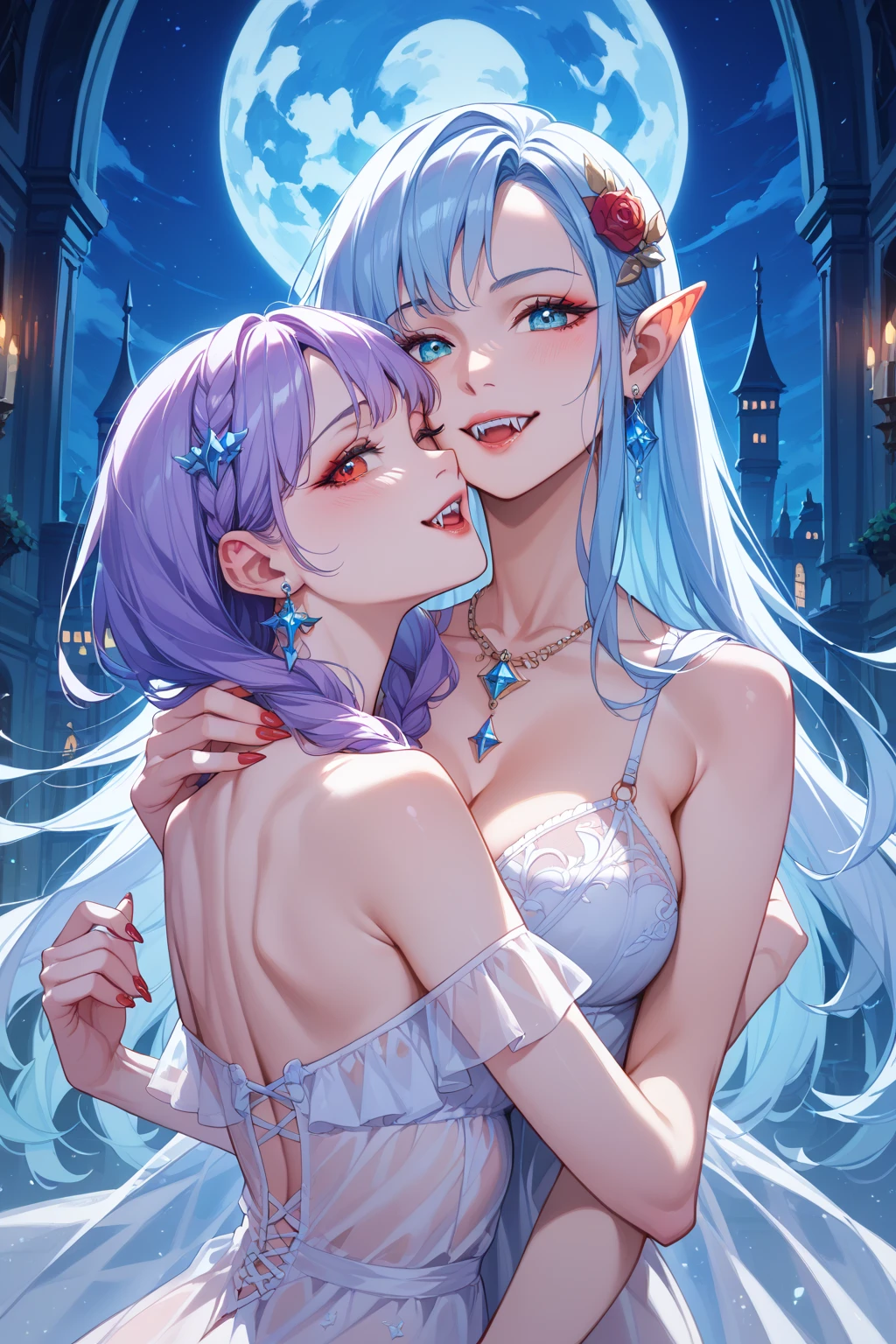 (light blue hair:1.2),(long hair with curls:1.3),(drill curl hair:1.25),(ponytail:1.1),(purple eyes:1.4),(Eye size:1.5),(Accessories with flower motifs:1.3),(One piece made of smooth material:1.3),(sheer sleeve:1.35),(White corset:1.25),(asymmetric hem skirt:1.4),(fluffy pants 1.35),(gladiator shoes:1.25),(Background full of blooming flowers:1.5),(blush),(cute smile:1.3),(close up of face:1.4),(elf ears:1.2),(transparent wings like a fairy:1.4),(Night sky with extra large full moon:1.25),(Graceful dance:1.6),