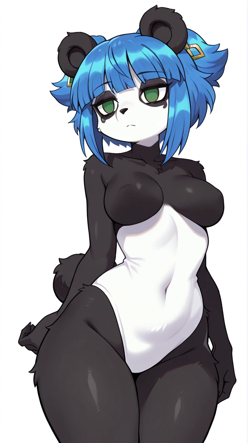 score_9, score_8_up, score_7_up, shirou ogami, female wolf anthro, feminine, hourglass figure, white furry body, fluffy tail, detailed fur, fluffy body, blue eyes white sclera, black lips, collar, black panties, naked, simple white background, bored expression, sitting, 