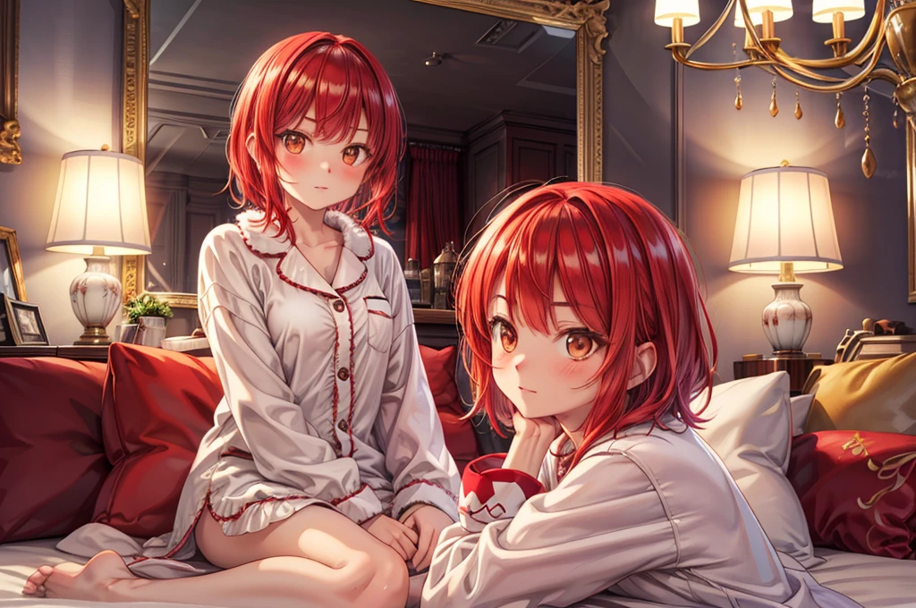 two beautiful young women, anime style, detailed faces, red hair, red eyes, delicate features, soft lighting, wearing casual outfits, holding each other closely, intimate pose, one gently touching the other's face, sitting on a cozy sofa, warm and inviting living room, relaxed and affectionate expressions, dynamic pose, Japanese anime style, high quality, highly detailed, 8k resolution, cinematic lighting, best quality, vibrant colors, Instagrammable, aesthetic, trendy