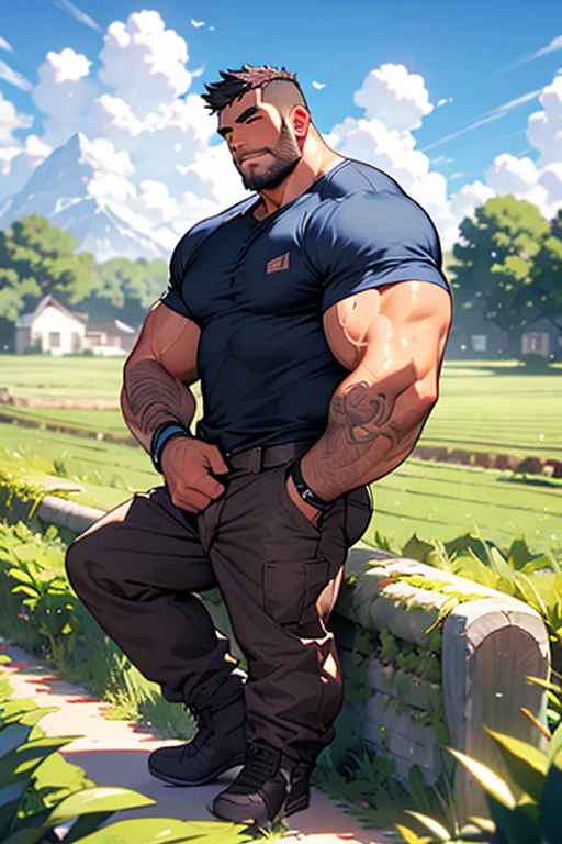 A wild thick daddy, 1man, bulky, nerdy, small eyes, (look up the sky: 1.2), Round face, short beard, crew cut hair, tank top, short pants, happy expression, masterpiece, knee shot,(line drawing:1.2), summer field, cloudy sky,