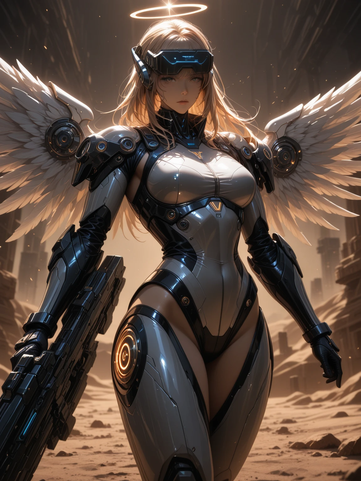 ((Best quality)), ((masterpiece)), (highly detailed:1.3), 3D, beautiful, (cyberpunk:1.2), in space, nebula, holding_weapon, laser, (1Female mecha:1.3), sexy body, facing the audience, Glowing eyes, full body, (flying, swooping down, dynamic, motion blur: 1.4), (huge mech wings: 1.6), looking up, glowing_eyes, mecha, panorama, background is earth, nebula, space, particles, Reality, HDR (High Dynamic Range), Ray Tracing, NVIDIA RTX, Super Resolution, Unreal 5, Subsurface Scattering, PBR Textures, Post Processing, Anisotropic Filtering, Depth of Field, Maximum Clarity and Clarity, Multilayer Textures, Albedo and Specular maps, Surface shading, accurate simulation of light-material interaction, perfect proportions, Octane Render, two-tone lighting, large aperture, low ISO, white balance, rule of thirds, 8K RAW, efficient sub-pixel, sub-pixel volume product, (best quality),(Japanese:0.5),(korean:0.8), (Liu Yi Fei:1.5) long hair, (big breast:1.2)