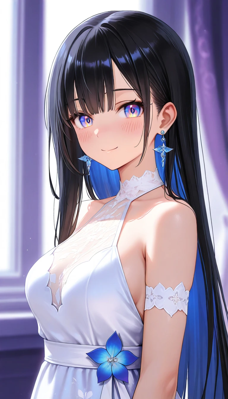 (High quality, High resolution, Fine details), BREAK (white silk dress), elegant pose, BREAK (colorful background), solo, curvy women, flowing hair, sparkling eyes, (Detailed eyes:1.2), smile, blush, Sweat, Oily skin, shallow depth of field, soft lighting, studio photography

