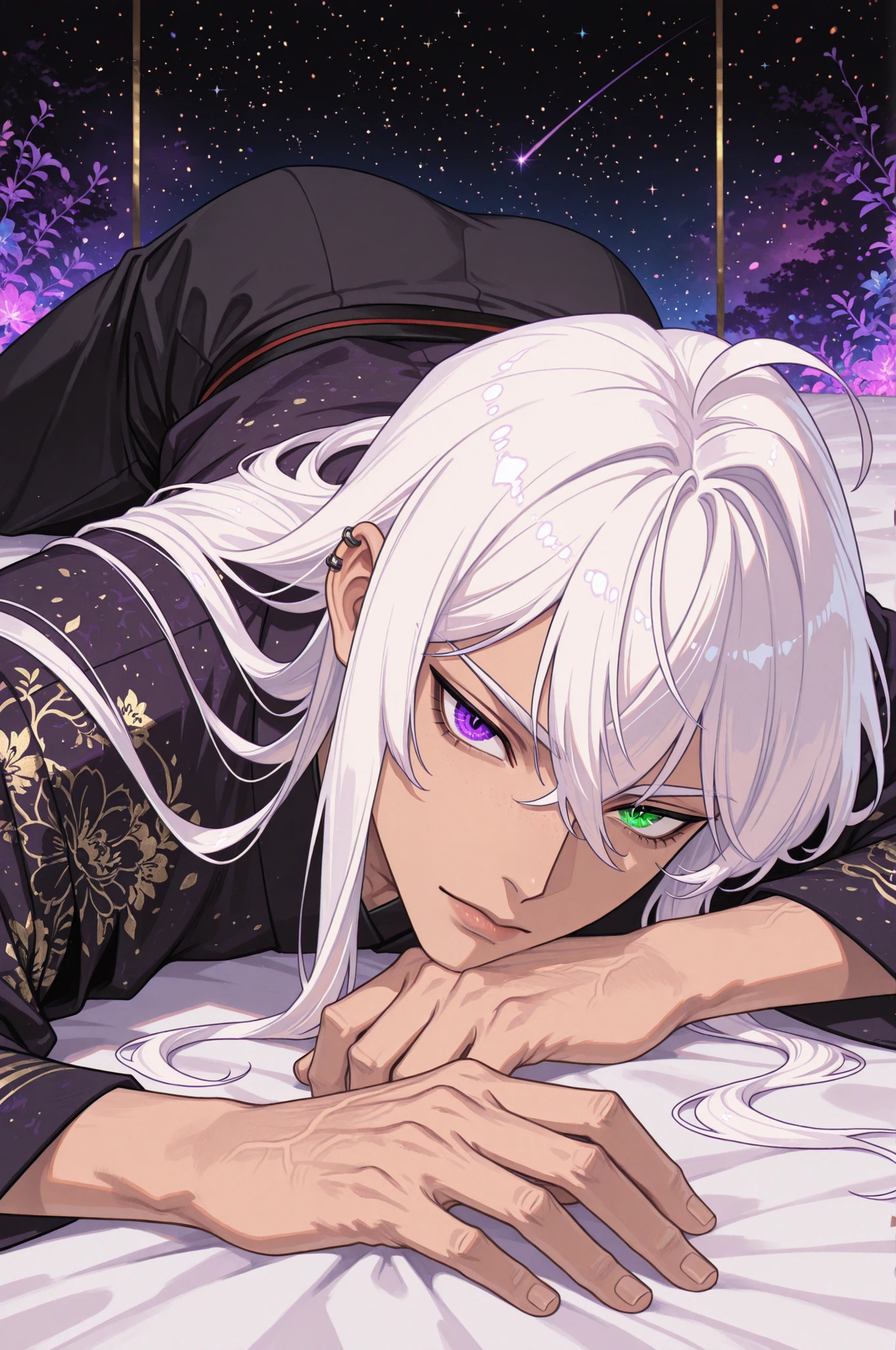 male, handsome, tall, finely detailed purple and green heterochromia eyes and detailed face, puffy lips,, ((very long white hair)), more details, humanoid dragon-god, looking at the viewer, light skin, lying down on bed, detailed textures, (((male focus))), masculine, semi-realism, single character, black yukata, piercing,masterpiece, best quality, ultra detailed, 8k unity wallpapers, ray tracing, illustration, colorful, cinematic shadow, extremely detailed background, fantasy character, dnd,bishounen,tsurime,, ultra-detailed, intricate details,masterpiece, best quality, amazing quality, hyper-detailed, newest, very aesthetic