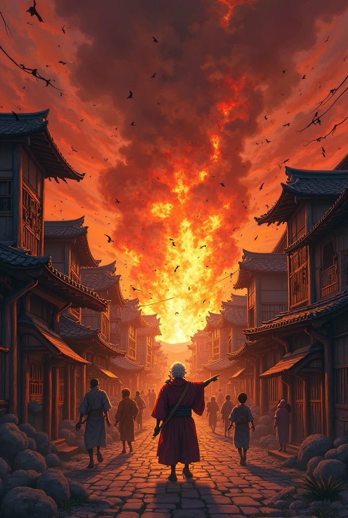 A painting burning in a village, Ancient city on fire, ancient Chinese, Burning village, Burning buildings, Ancient feudalism, Background burning scene, arte de fundo, highres, depth of field, cinematic lighting, vanishing point, Ultra-Wide Angle, depth of field, negative space, dutch angle --auto