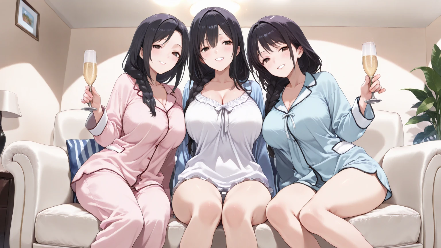 Several women in white uniform in sexy pose, harems, cushion, lots of light