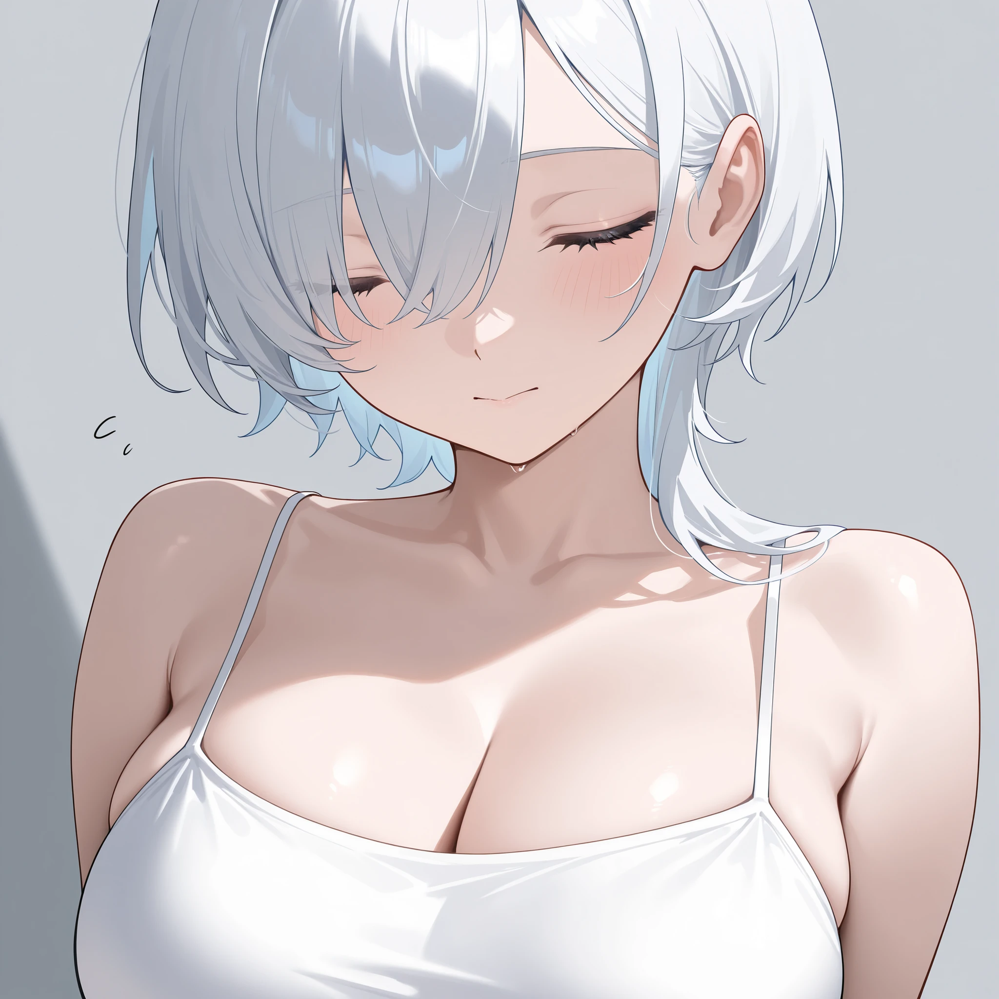 (SFW), masterpiece, best quality, highres 64k, professional artwork, famous artwork, clean, cinematic lighting, beautiful green eyes + detail, beautiful white short hair + detail, multicoloured hair, (very sexy young female body:1.4), ( ((medium breast, lactation))), Seduction:1.2, facing viewer, floating hair, makeup, 1girl, solo, super wet clothes, see-through white leotard, white thighhighs, partially unbuttoned, open fly, white thighhighs, ((sexy brown skin)), indoors, (lying on bed), close-up breasts, ((upper body)), ( ((wake up,)) ) from side,<lora:CHAR-SeceliaDote:0.9> <lyco:GoodHands-beta2:1.0> ,