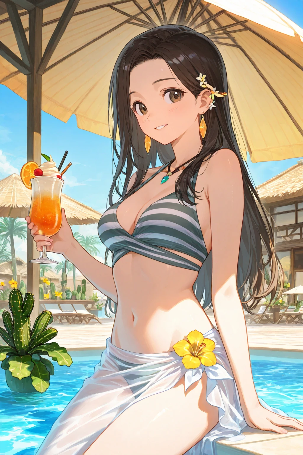 Masterpiece, superlative, shy, big brown eyes, summer bikini, color hair, outdoors, magazine cover, upper body,