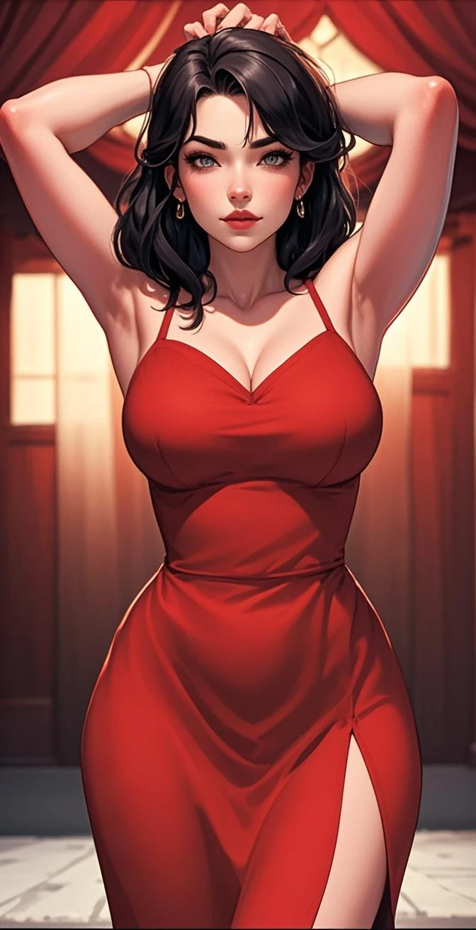 (Mature Woman:1),、(48 years old),、Red Party Dress、Lip gloss, (smile:1),clavicle, ((Looking at the audience)), (Medium Hair ), (The whole body is visible) , Slender figure , With eyes wide open , Perfect round eyes , Fine texture , (Photorealistic:1.3),(RAW Photos), 8K, Very detailed, Highest quality,