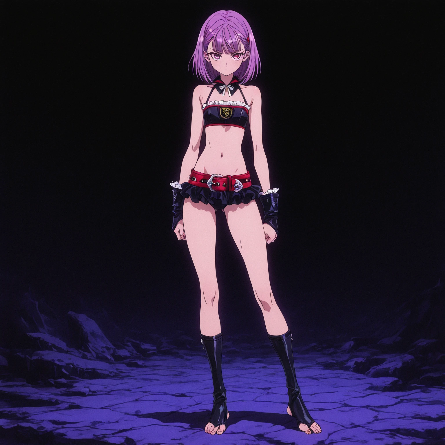 (1 girl from an anime with purple hair), on the beach with the starry sky and blood moon in the sky, 1 girl, alone, yellow eyes, purple hair, looking at me, ((last)), Wearing bikini shorts, (((side ponytail))), (((toned legs))), thick muscular thighs, slim waist, muscular belly, hands on hips, bare feet, (standing), medium breasts, reflection in the eyes, glowing eyes, bad mood, anime, anime style, cinematic lighting, ray tracing, Canon, panorama, 8k, UHD, masterpiece, accurate, anatomically correct, super detail, high quality, high resolution, HD, 16k