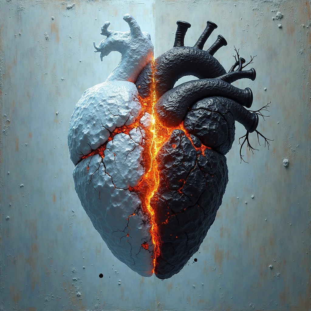 make a mechanical broken heart releasing steam, and floating in a dark cloudy sky