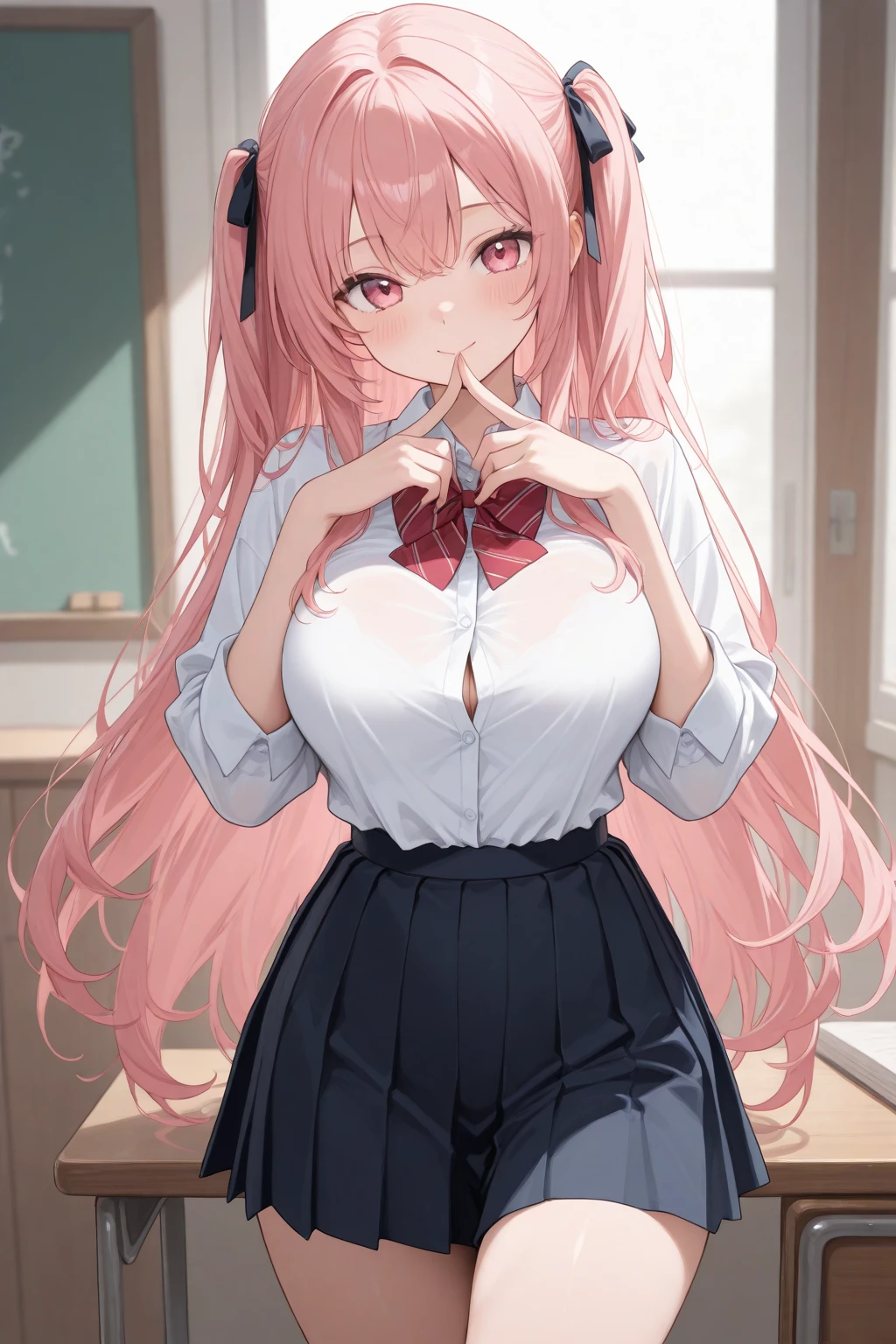 (8K、Top image quality、top-quality、​masterpiece)、A detailed face、1 girl in、Pink hair、Medium hair、((twintails))、light blue  eyes、Opens mouth and laughs、large full breasts、(Open chest)、((White shirt))、((Removed button))、long-sleeve、((cleavage))、(Black tube top)、((Black Mini Pleated Skirt))、(Big ass)、thighs、cowboy  shot、Classroom Background