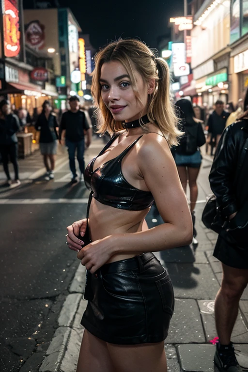 Full body portrait of happy Beautiful blonde 24 years old woman, lolalove, pink hair, cute smile, wearing black dress, and leather pink jacket, she dances in crowded disco, colorful neon lights, canon 50 mm, night, realistic portrait, highly detailed, analog style,deep cleavage , taking a selfie, in a party mirror, sexy pose