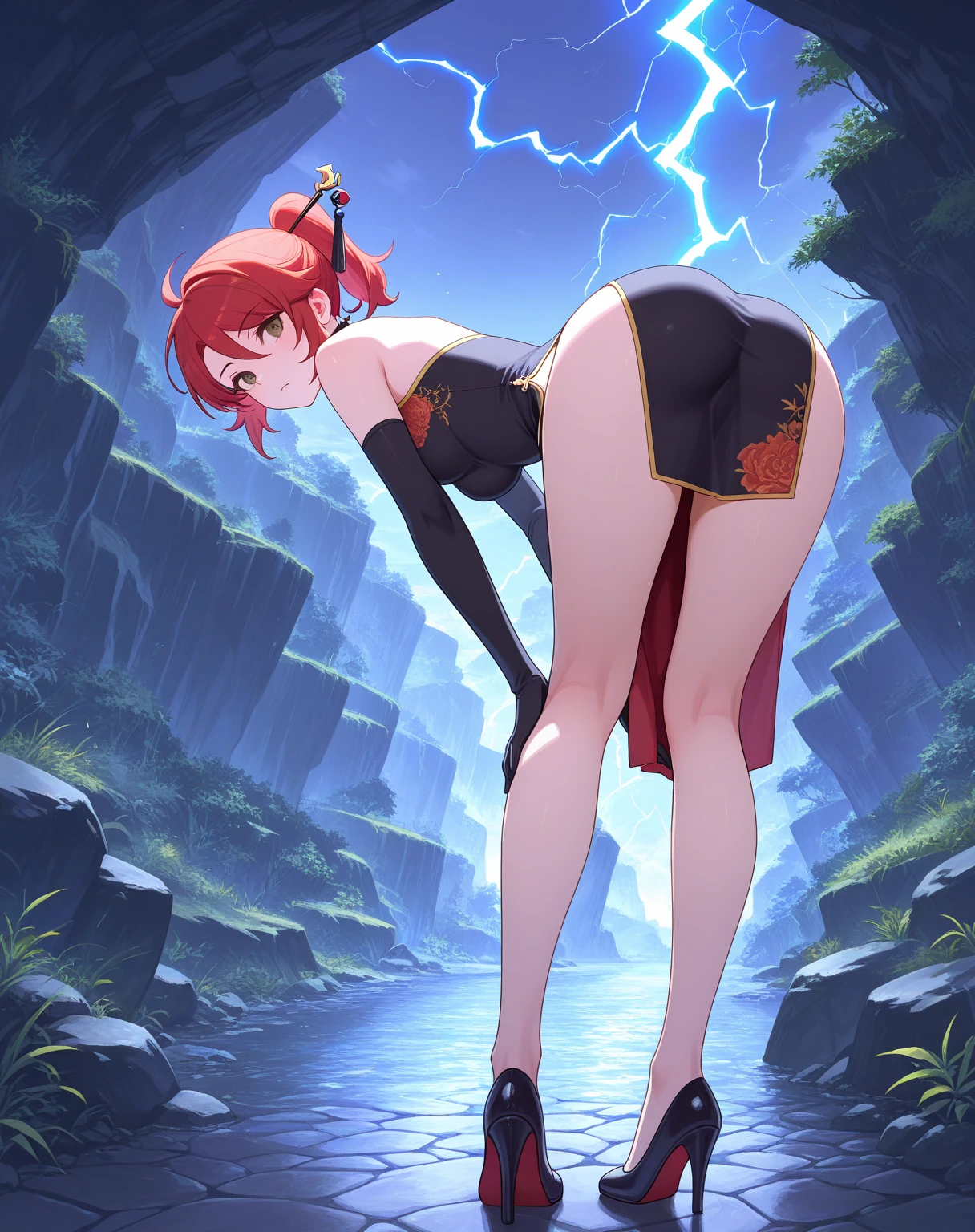 punctuation_9, punctuation_8_High above, fountain_アニメ, best qualityer, us, NAAmi, hair orange, orange eyes, long hair, breasts big, standing, looking ahead at viewer, chinese dress, Red clothing, hinterland, low angle, squatting down, arms behind the head, blush, facing the front, neckleace, vagina showing