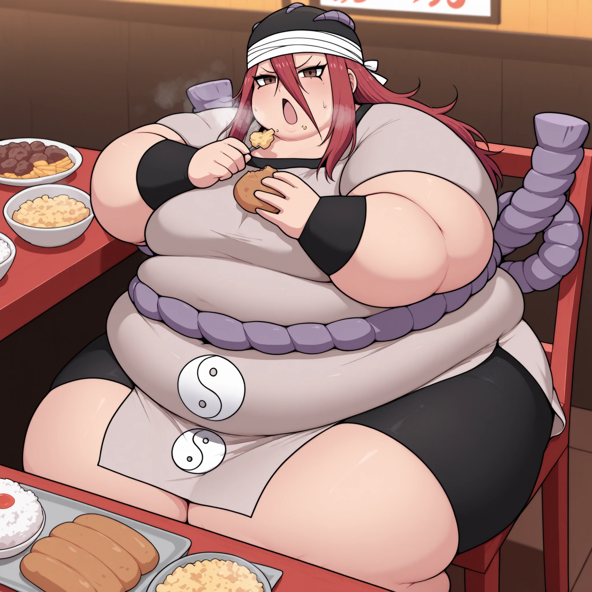 masterpiece, best quality, crsdrrm, red hair, long bangs, hair between eyes, long hair, black eyeliner, brown eyes, black hat, bandaged head, grey tunic, shimenawa, bracer, bike shorts, short sleeves, hat ornament, yin yang print, 1girl, solo, indoor,restaurant, eating food, in front of tones of food, chair, table, sitting, pov belly, looking at viewer, smug, fat, chubby, obese, gigantic arms and legs, large breasts open mouth, out of breath, from above,