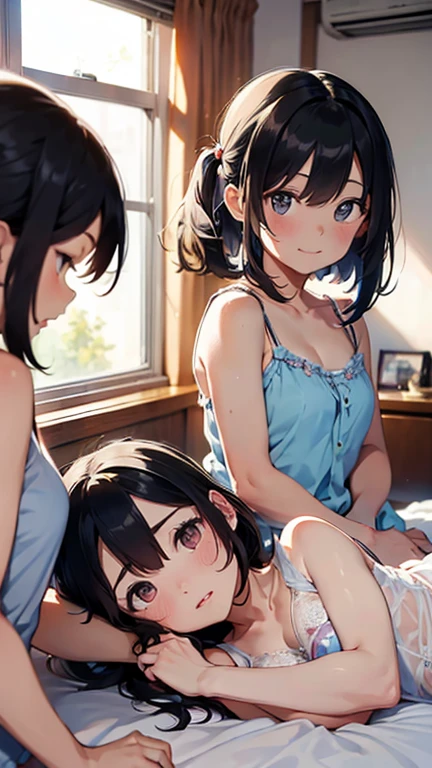 ((masterpiece, best quality, ultra quality, high quality, hyper detailed, intricate detailed, perfect anatomy, shiny skin)), ((upper body:1.2)), (three women are posing for a camera:1.4), (indoors, bed, pillow:1.2), (Lift up your camisole), (full nude:1.4), (smile, shy, red cheek, blush:1.2), (Open your mouth:1.6), (Stand in line) , brown hair, blond hair, navel, jewelry, looking at viewer, necklace, long hair, short hair, Abdominal muscles, straight hair, bob cut, blunt bangs, silky hair, hair clip, hair band, hair ribbon, one-length haircut, ducktail, outward curled hair, French twist hair, twintails, side ponytail, single braid, wavy hair,
