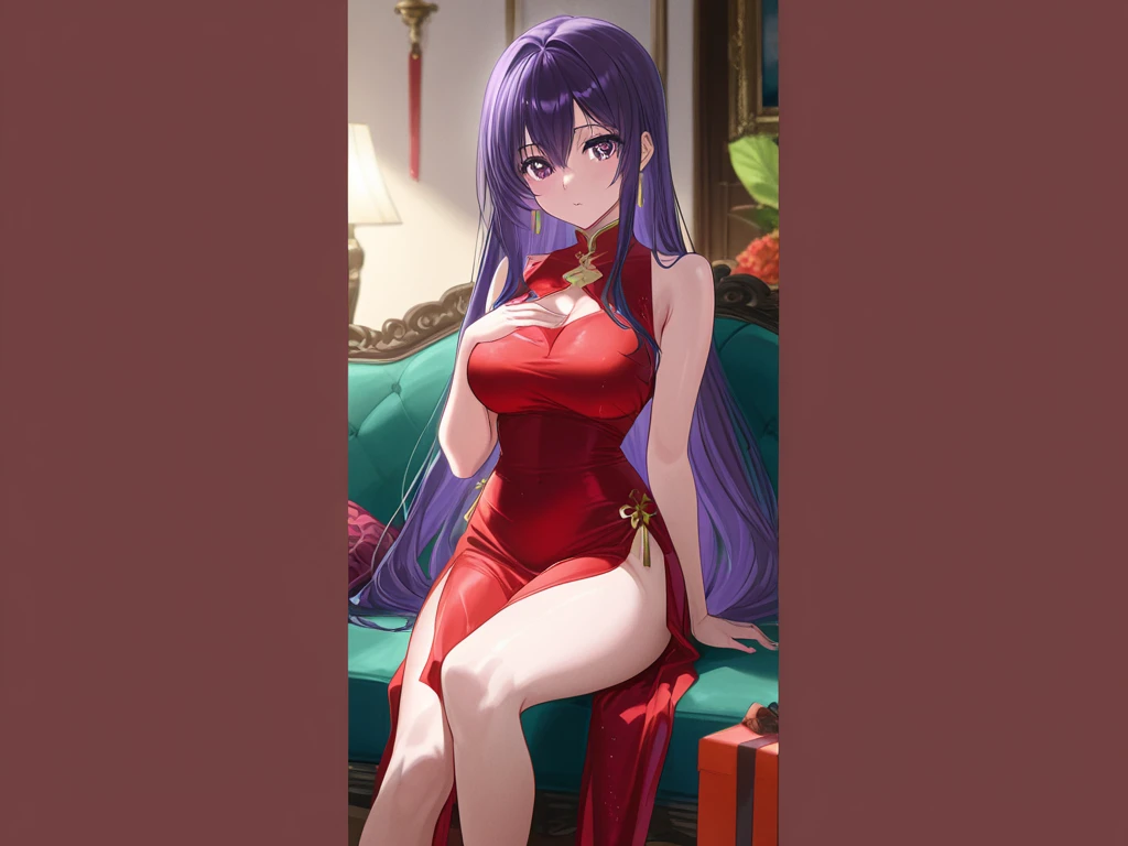 (Masterpiece), Best Quality, expressive eyes, a perfect face, 1 girl, Alone, purple hair, Brown eyes, Little mom, SMILE, blush, long dress, loose dress, wide dress at the bottom, Red dress, dance room dress, dance room, long red gloves, go down the stairs, holds the dress, look at the viewer, inside, dark lighting, chandelier light