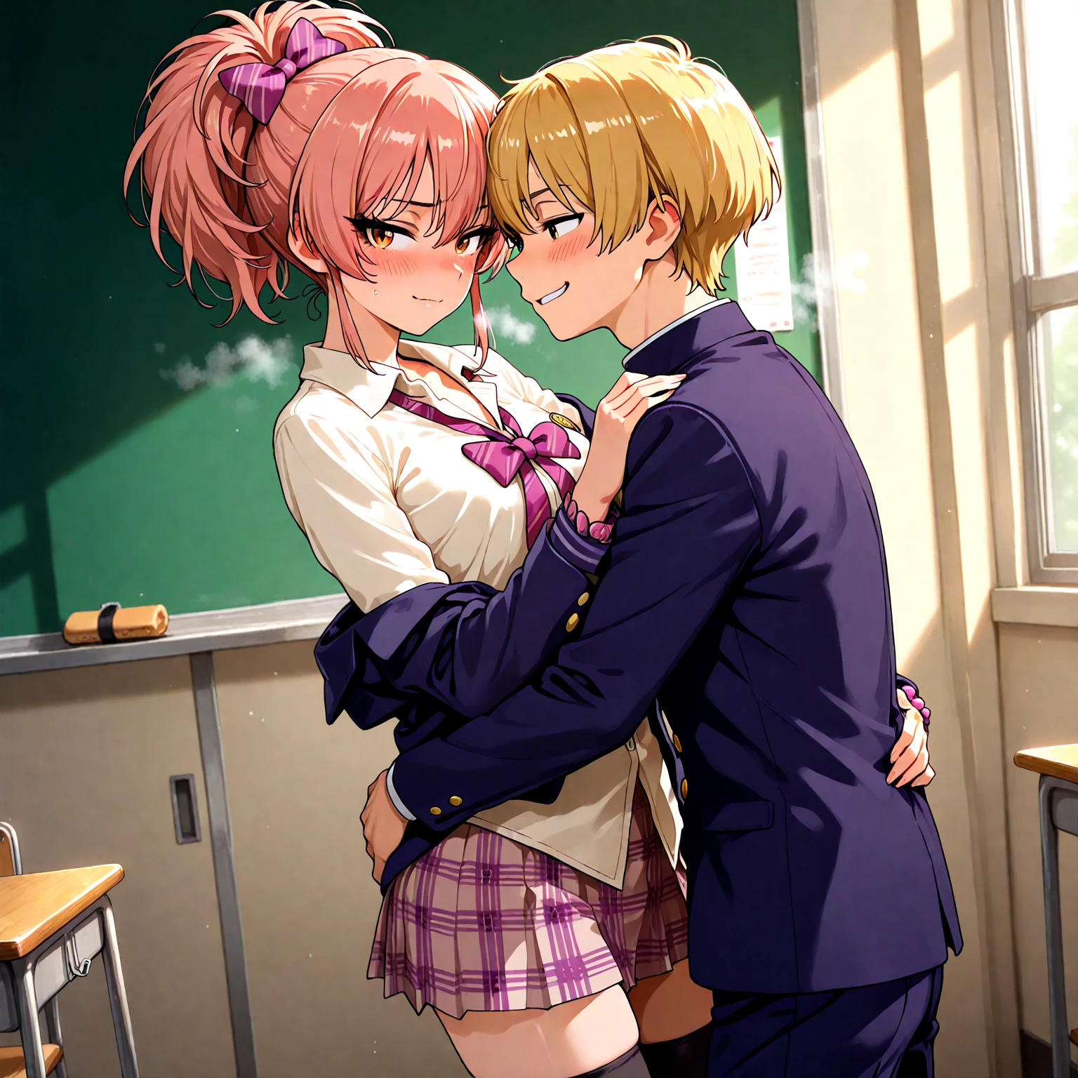 masterpiece, best quality, highres,Very Aesthetic, 1girl, (1boy,a little boy),,age difference,bowtie,blonde hair,breasts,long hair,pink hair,pleated skirt,shirt tucked in,short hair,skirt,smile,tented shirt,in classroom, bent over desk, getting fucked, having sex