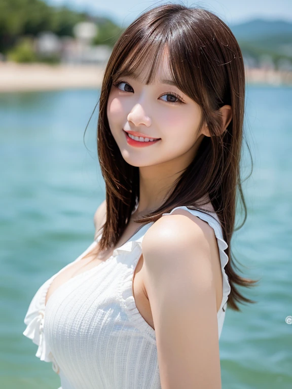 Ocean, Highest quality, shape, Very detailed, In detail, High resolution, 8k wallpaper, Perfect dynamic composition, Beautiful details,  Natural Lip, kimono, Big Breasts, Cleavage, She turns around and smiles.., A masterpiece of the whole body, 